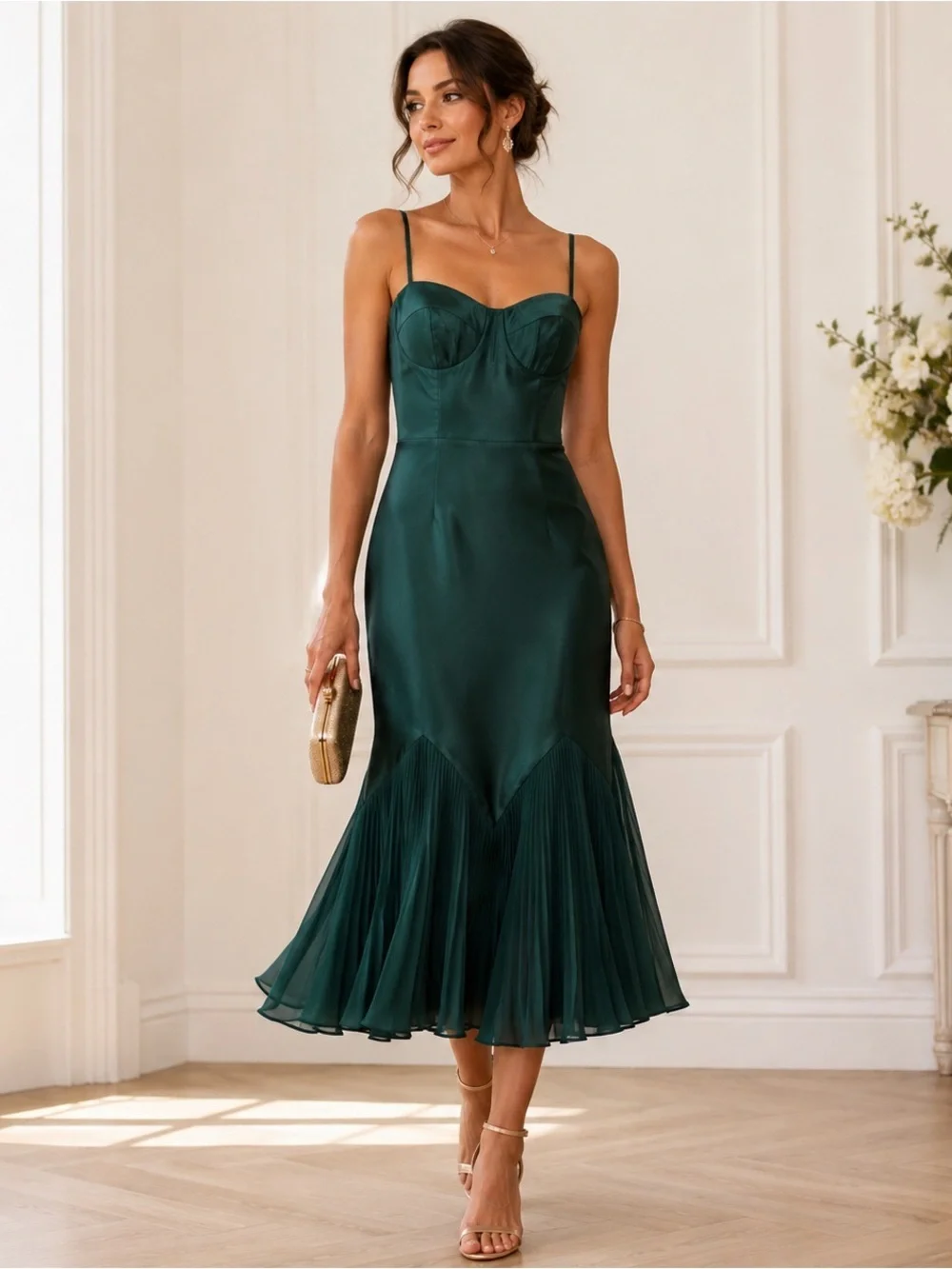 AW Bridal Dark Emerald Satin Bustier Midi Dress Size 0 NWT